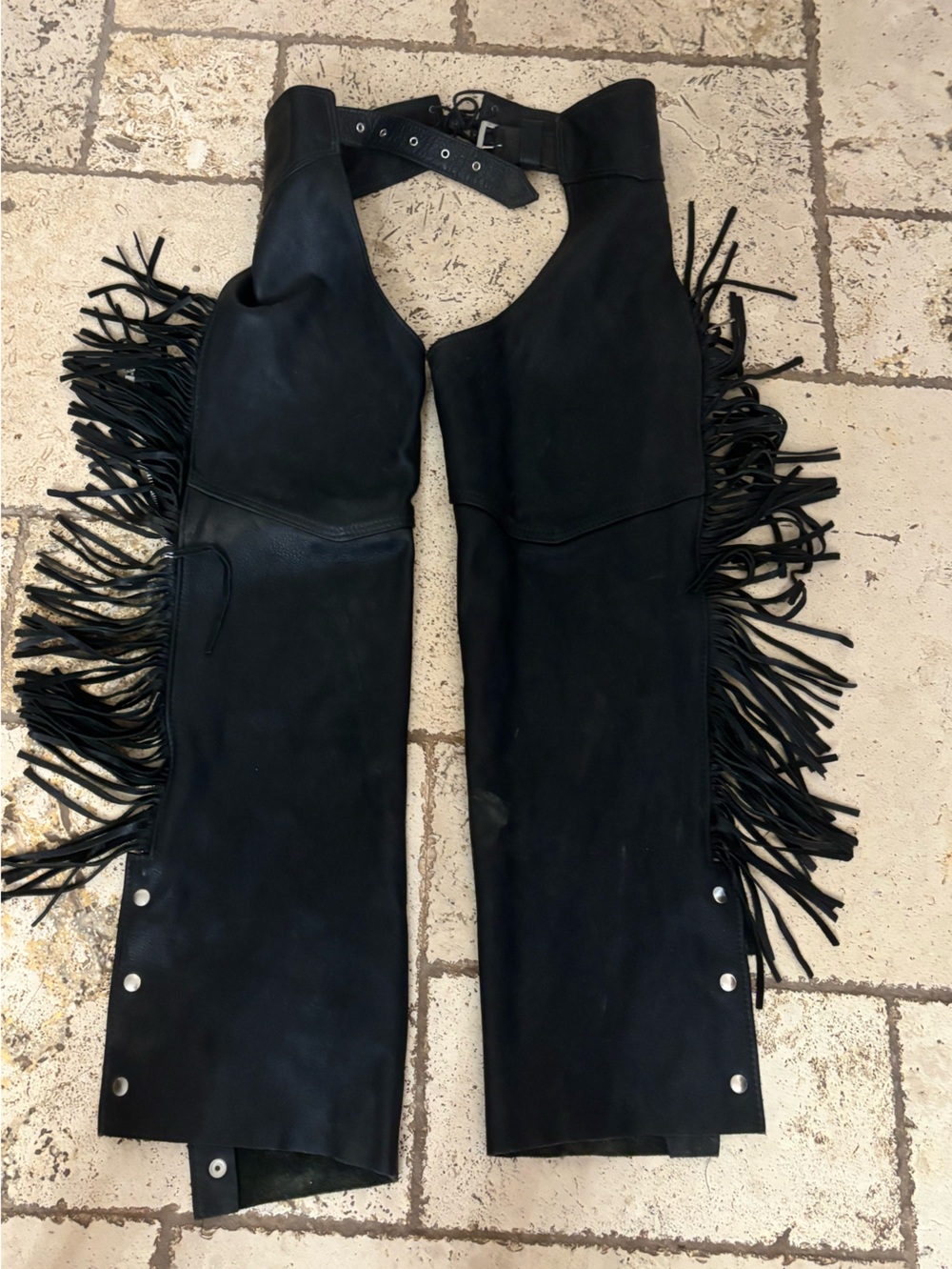 Vintage Black Leather Fringe Chaps with Belt - Picture 2 of 3